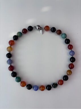 multicolored agate beads Necklace 
With silver tone accents